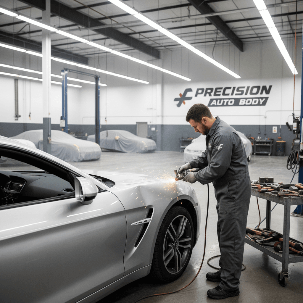 Professional bodywork repair being performed on a vehicle