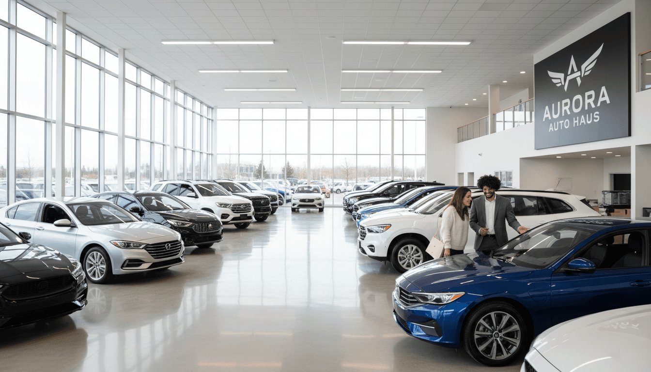 Clean automotive marketplace showroom with displayed vehicles
