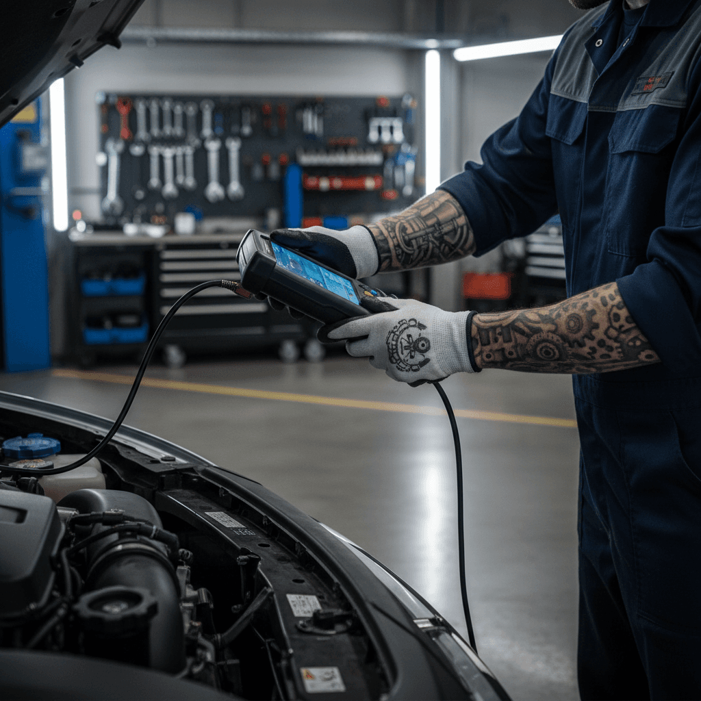 Mechanic inspecting a car in a professional garage