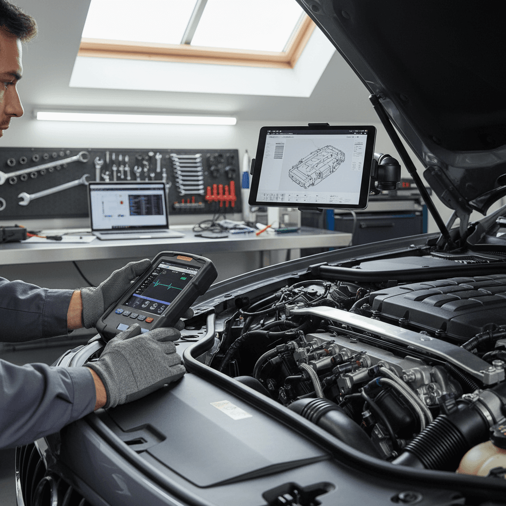 Professional automotive specialist reviewing repair documentation in workshop